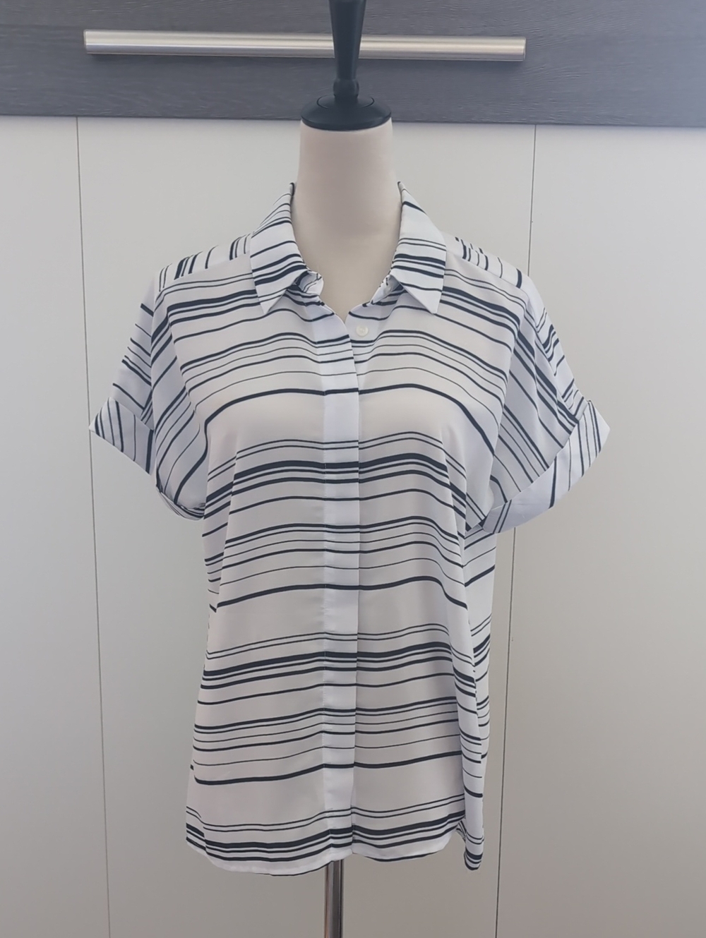 Alfani White and Black Striped Short-Sleeve Button Down Shirt